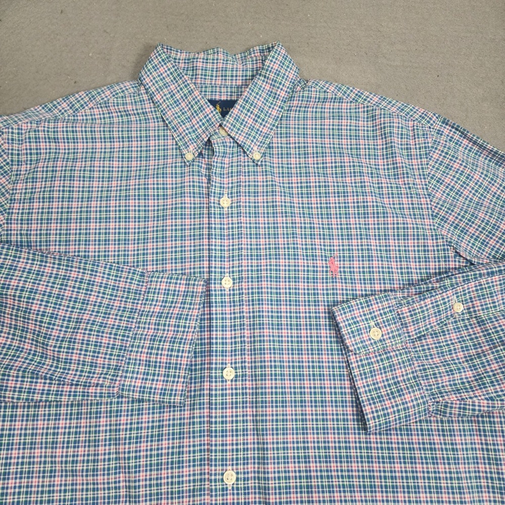 Ralph Lauren Button Down Plaid‎ Blue Green Pink Mens Large